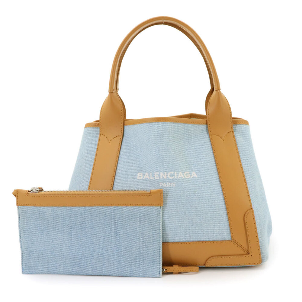 Balenciaga Navy Small Cabas Tote Handbag, Denim Leather, Blue Brown, 339933